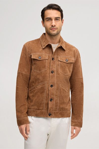 Shirt-Jacket Luca in Camel Ziegenveloursleder mit Taschen