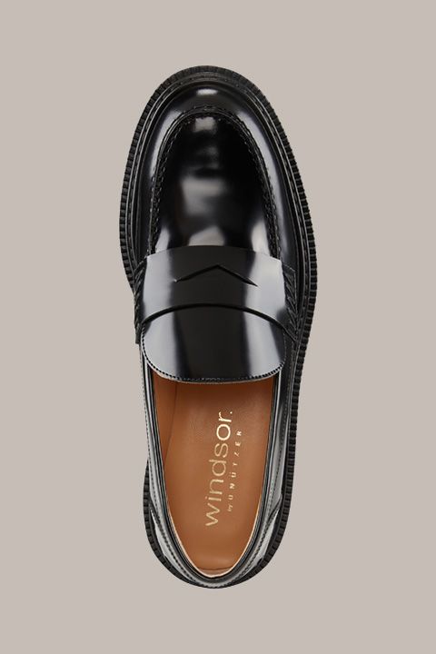 Unützer Glänzende Schwarze Leder Loafer mit Profilsohle Unisex