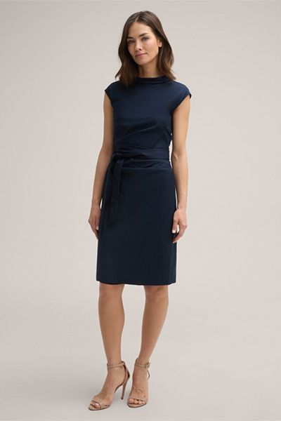 Etui Marineblaues Baumwollstretchkleid mit Audrey-Kragen und Gürtel
