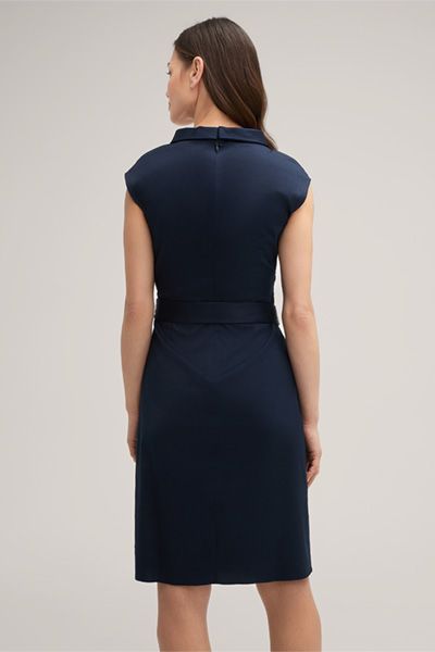 Etui Marineblaues Baumwollstretchkleid mit Audrey-Kragen und Gürtel