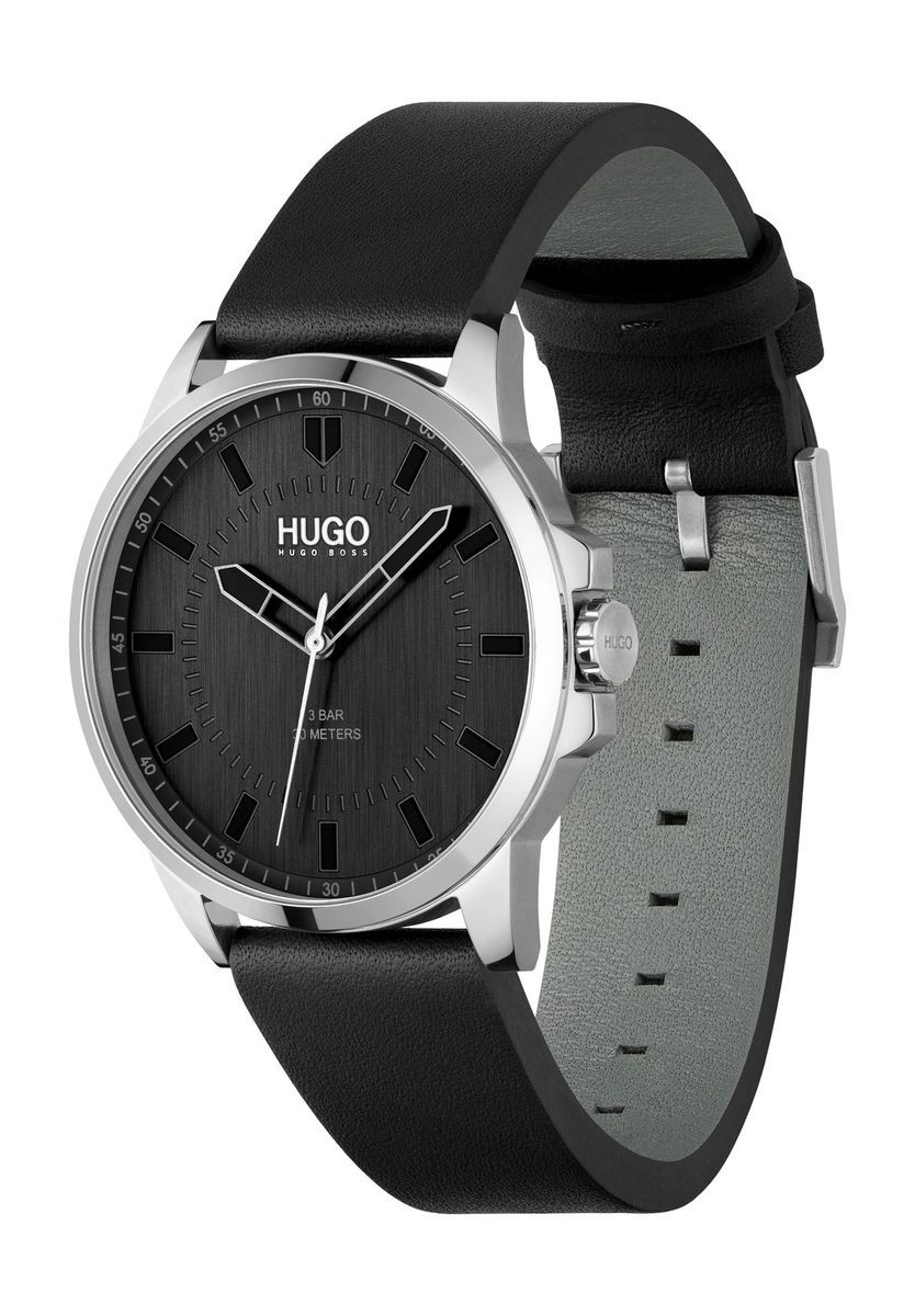 Minimalistische silberfarbene schwarze Lederuhr