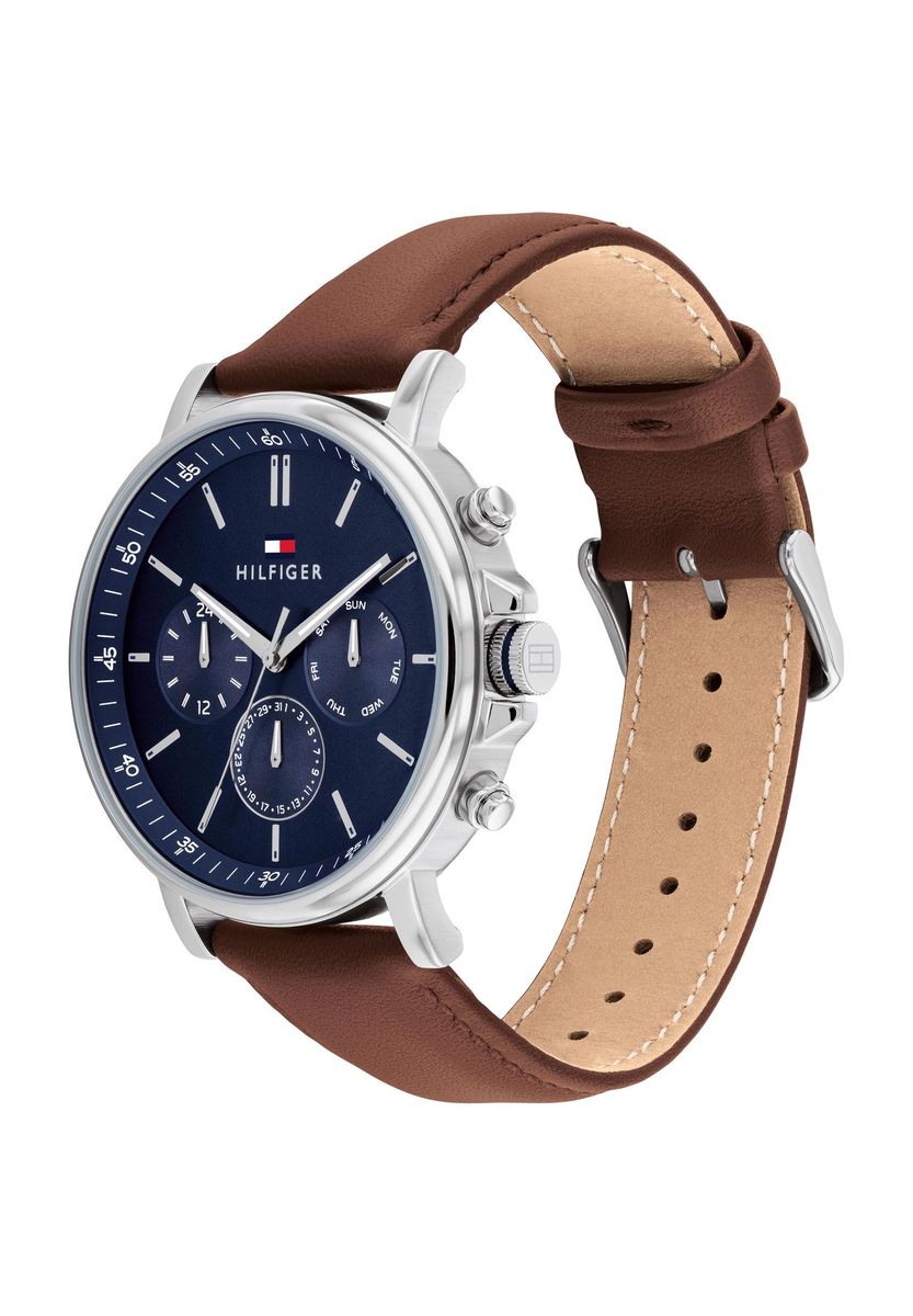 Blaues Zifferblatt, braunes Lederarmbanduhr