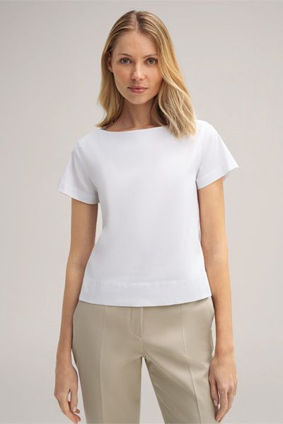 Marc Cain Baumwoll Stretch Bluse Weiß U-Boot-Ausschnitt Kurzarm