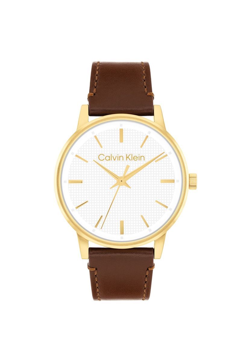 Minimalistische goldfarbene Uhr mit braunem Lederarmband