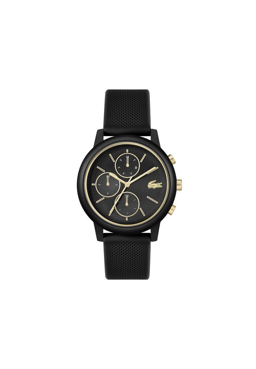 Minimalistische schwarze Chronographenuhr mit goldenen Akzenten