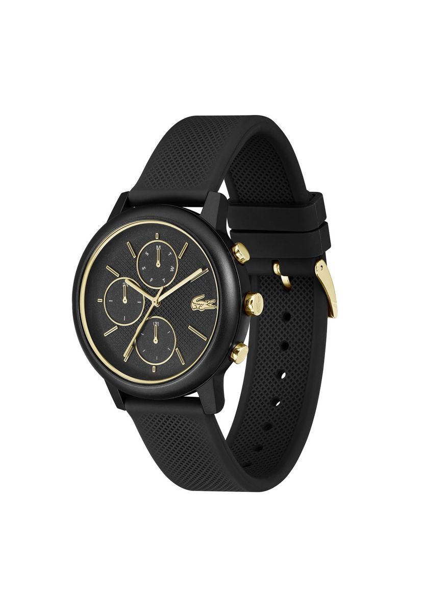 Minimalistische schwarze Chronographenuhr mit goldenen Akzenten