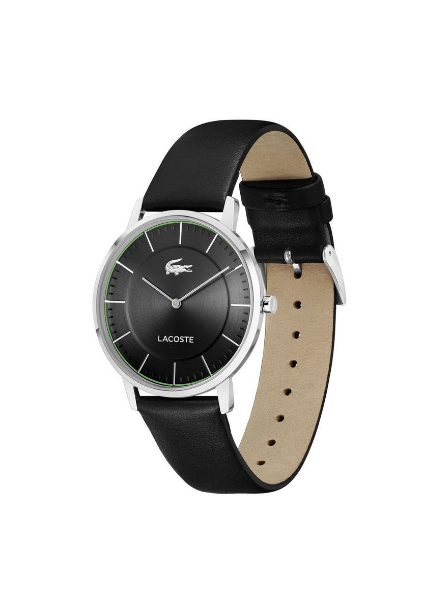 Minimalistische Uhr mit schwarzem Zifferblatt und Lederarmband