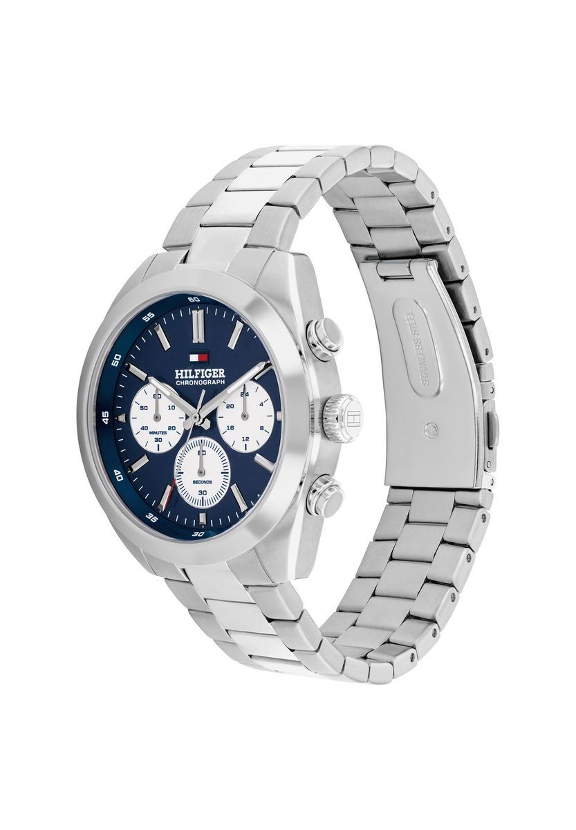 Silberner Chronograph Uhr mit blauem Zifferblatt