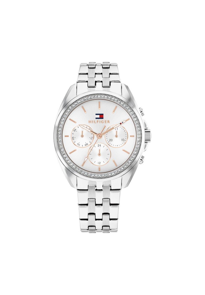 Eleganter silberner Chronograph mit Kristalllünette