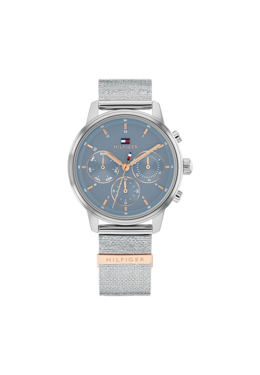 Multifunktionsuhr für Damen mit silbernem Mesh-Armband