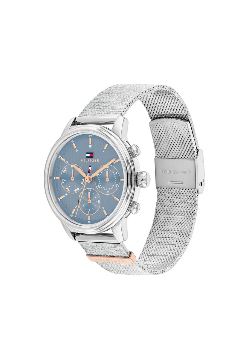 Multifunktionsuhr für Damen mit silbernem Mesh-Armband