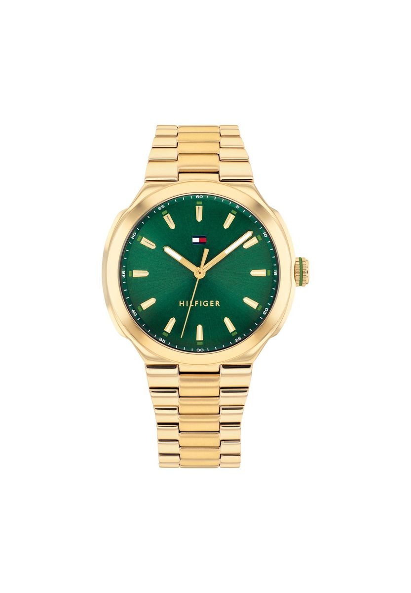 Goldfarbene Armbanduhr mit grünem Zifferblatt
