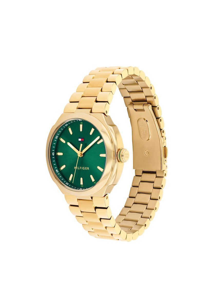 Goldfarbene Armbanduhr mit grünem Zifferblatt