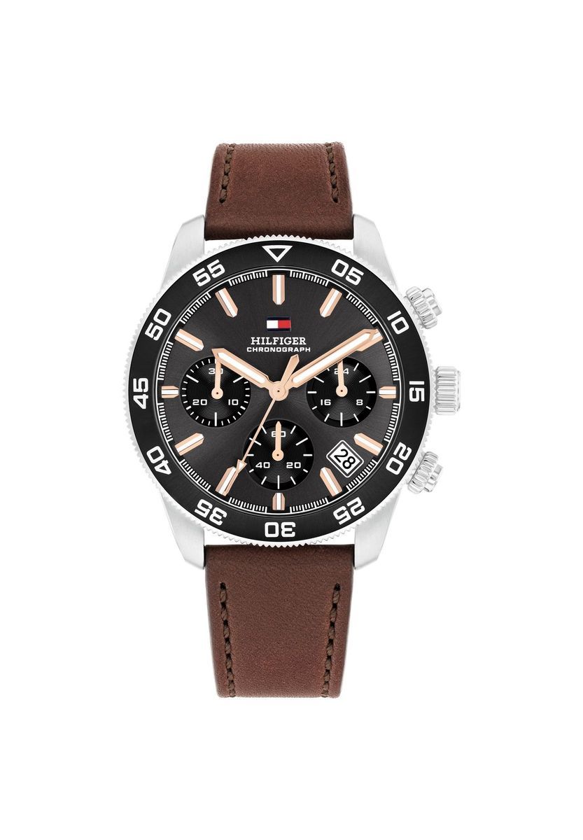 Analoge Chronographenuhr mit braunem Lederarmband