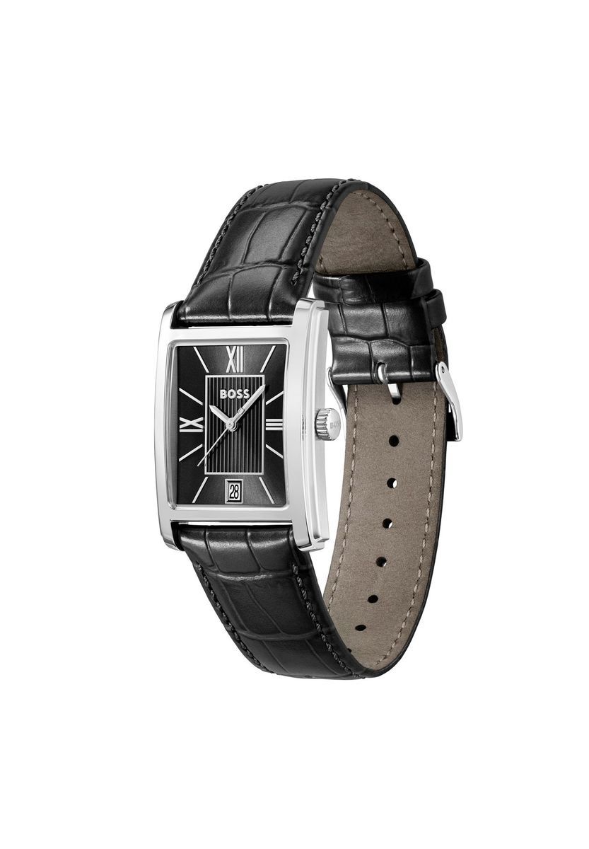 Herren Rechteckige Schwarze Lederarmbanduhr