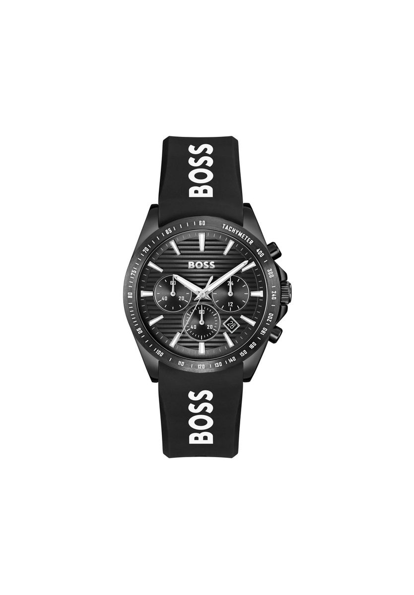 Schwarze Chronographenuhr mit Silikonarmband