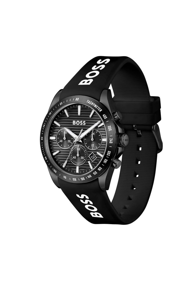 Schwarze Chronographenuhr mit Silikonarmband