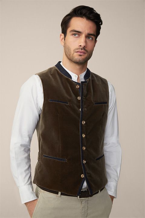 Au Trachten-Weste: Braune Samtweste mit blauem Besatz, traditionell Deutsch