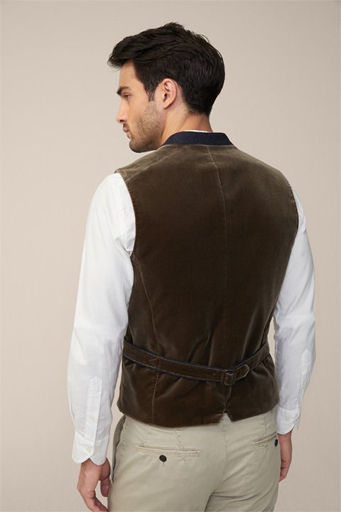 Au Trachten-Weste: Braune Samtweste mit blauem Besatz, traditionell Deutsch