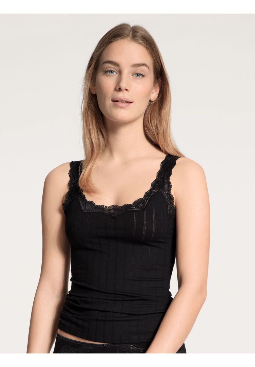 Schwarzes geripptes Tanktop mit Spitze