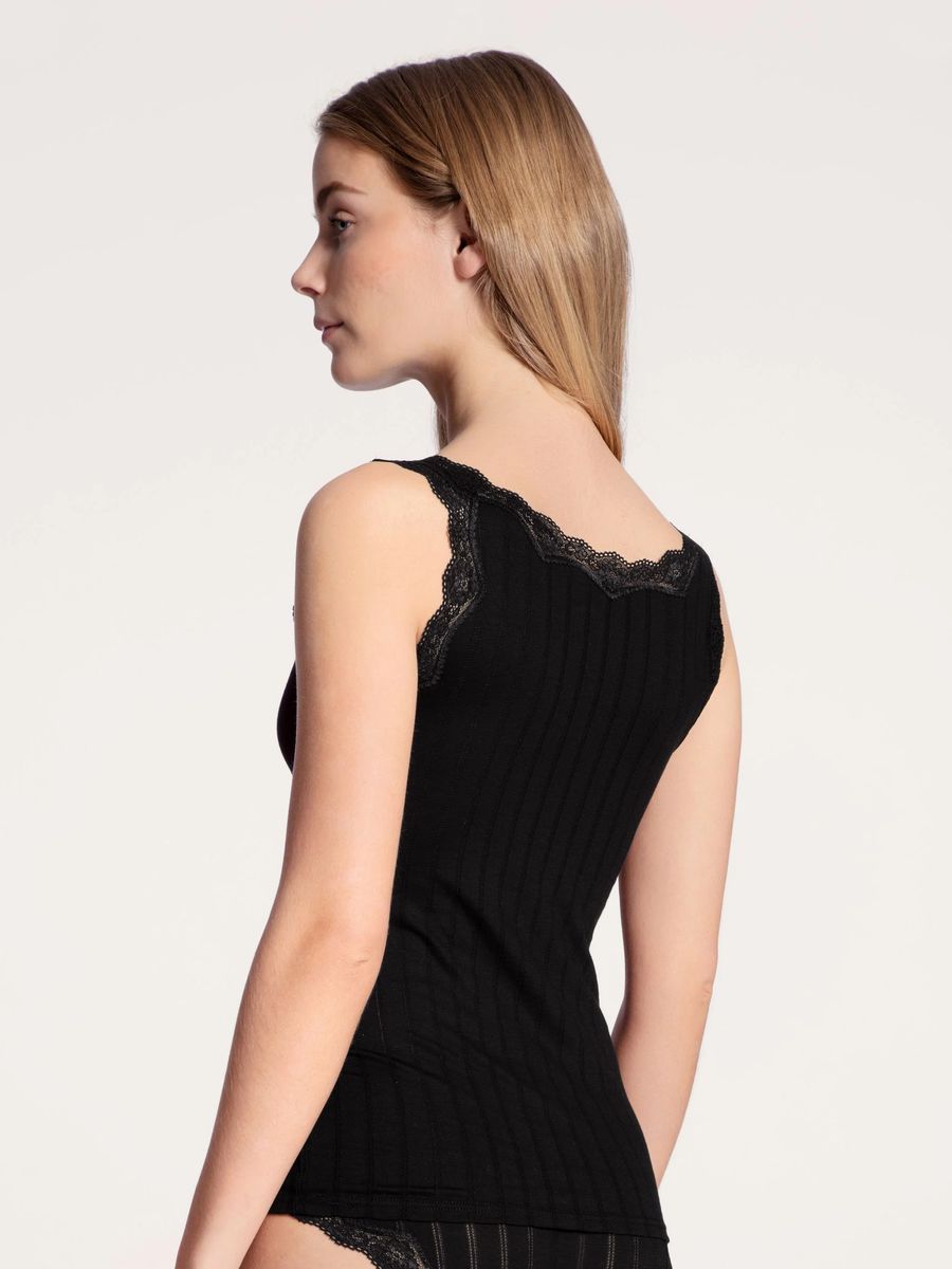 Schwarzes geripptes Tanktop mit Spitze
