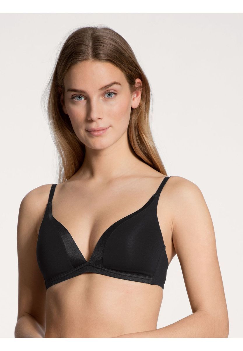 Schwarzer bügelloser Triangel-BH Satineinfassung