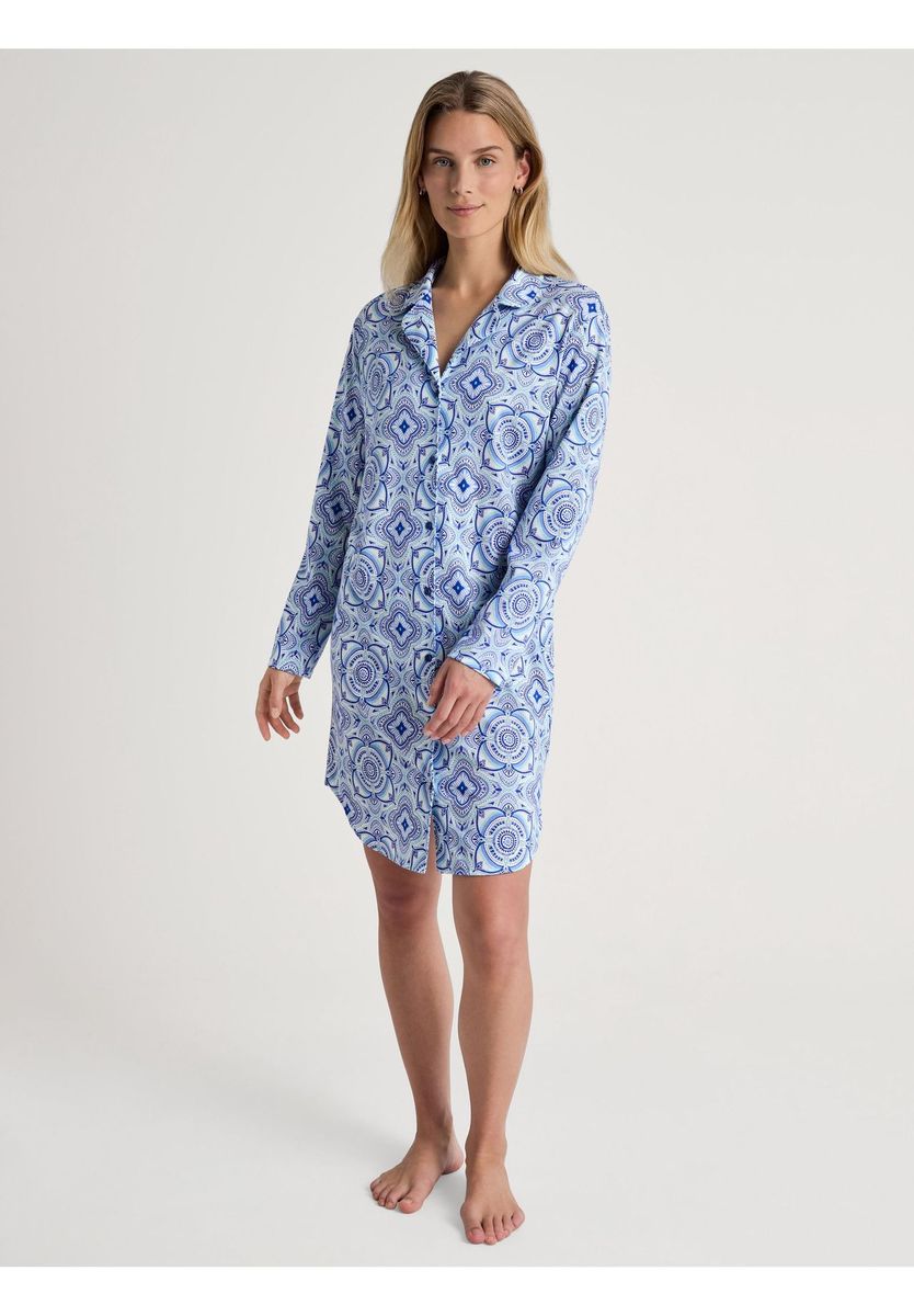 Blaues Nachthemd mit langem Ärmel und Muster