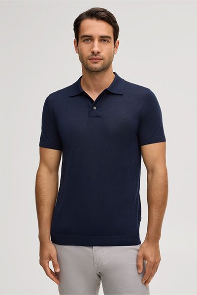 Marineblaues Polohemd aus Wolle, Kaschmir und Seide, Kurzarm Strickware