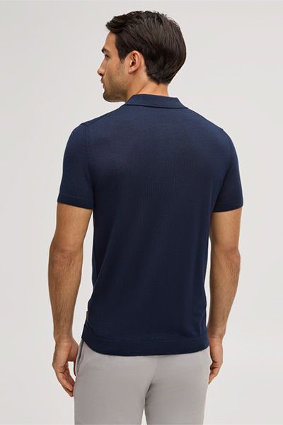 Marineblaues Polohemd aus Wolle, Kaschmir und Seide, Kurzarm Strickware