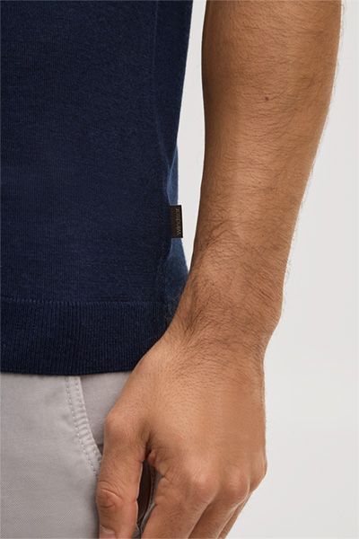Marineblaues Polohemd aus Wolle, Kaschmir und Seide, Kurzarm Strickware