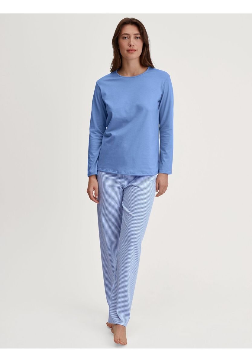 Damen Baumwoll Schlafanzug Blau Gestreift