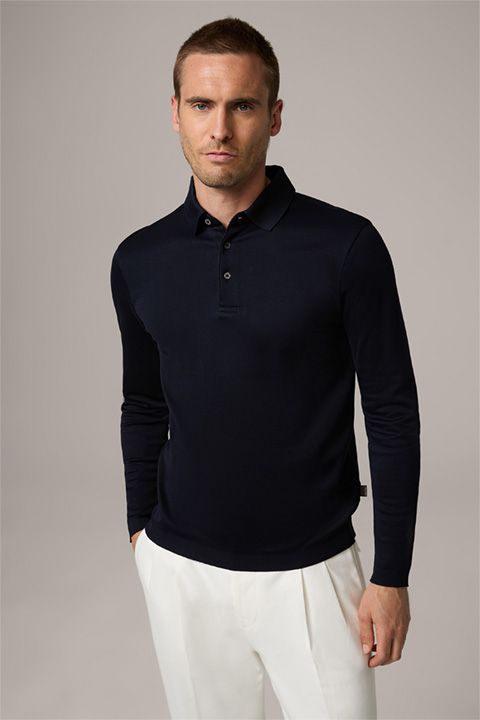 Einfarbiges Baumwoll Frido Herren Langarm Poloshirt in Marineblau