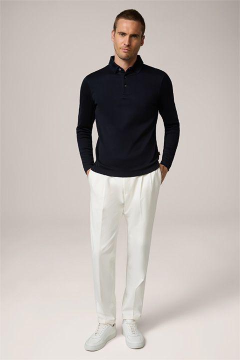 Einfarbiges Baumwoll Frido Herren Langarm Poloshirt in Marineblau