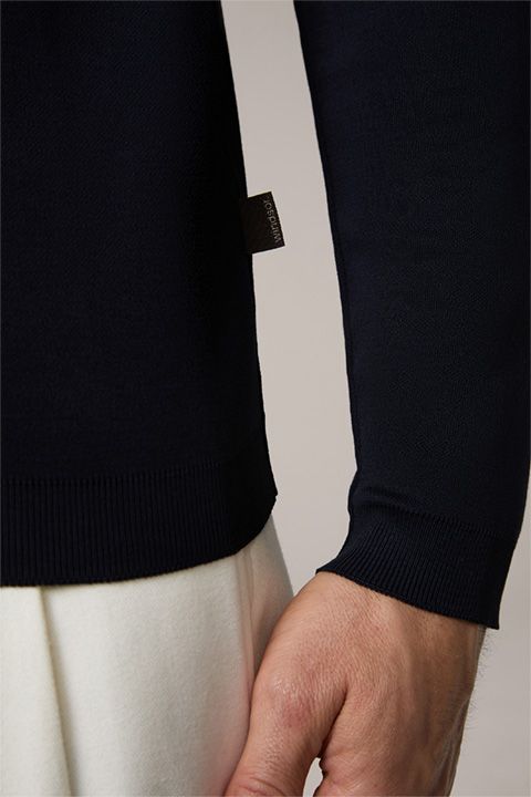 Einfarbiges Baumwoll Frido Herren Langarm Poloshirt in Marineblau