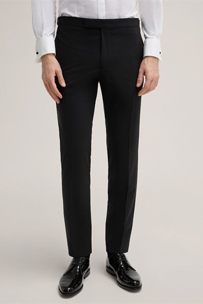 Turo Schwarze Smokinghose Wollmischung Satin-Streifen Details