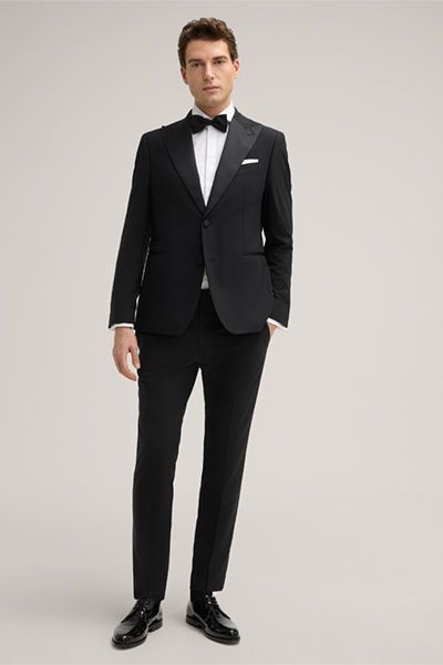 Turo Schwarze Smokinghose Wollmischung Satin-Streifen Details