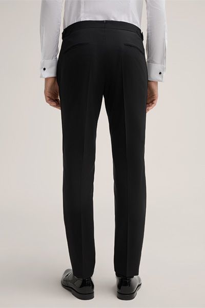 Turo Schwarze Smokinghose Wollmischung Satin-Streifen Details