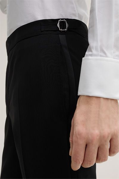 Turo Schwarze Smokinghose Wollmischung Satin-Streifen Details
