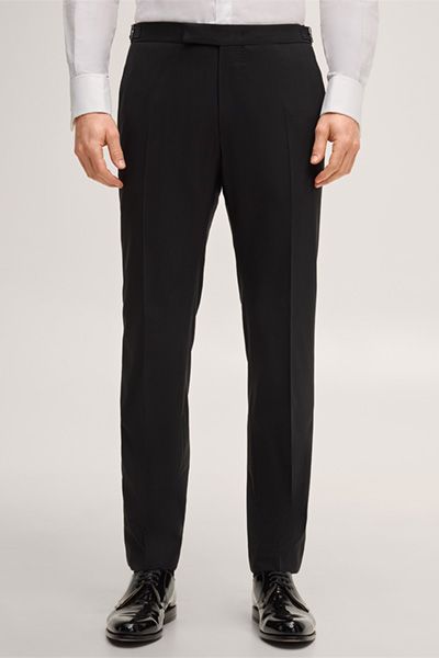Turo Schwarze Smokinghose Wollmischung Satin-Streifen Details