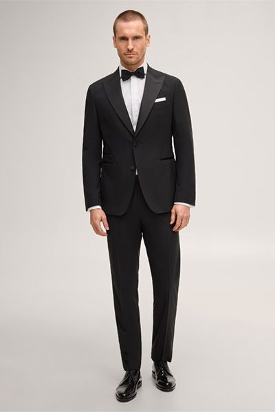 Turo Schwarze Smokinghose Wollmischung Satin-Streifen Details