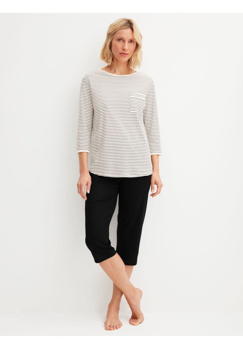 Gestreiftes Baumwoll-Pyjama-Set mit 3/4-Ärmeln