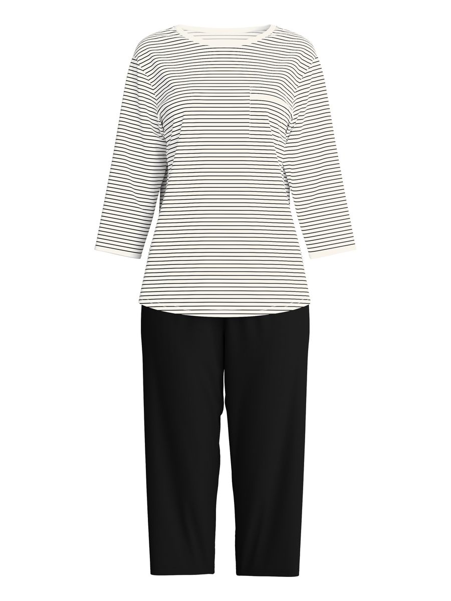 Gestreiftes Baumwoll-Pyjama-Set mit 3/4-Ärmeln