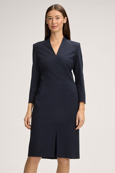 Windsor Crêpe Etuikleid mit V-Ausschnitt in Marineblau und langen Ärmeln