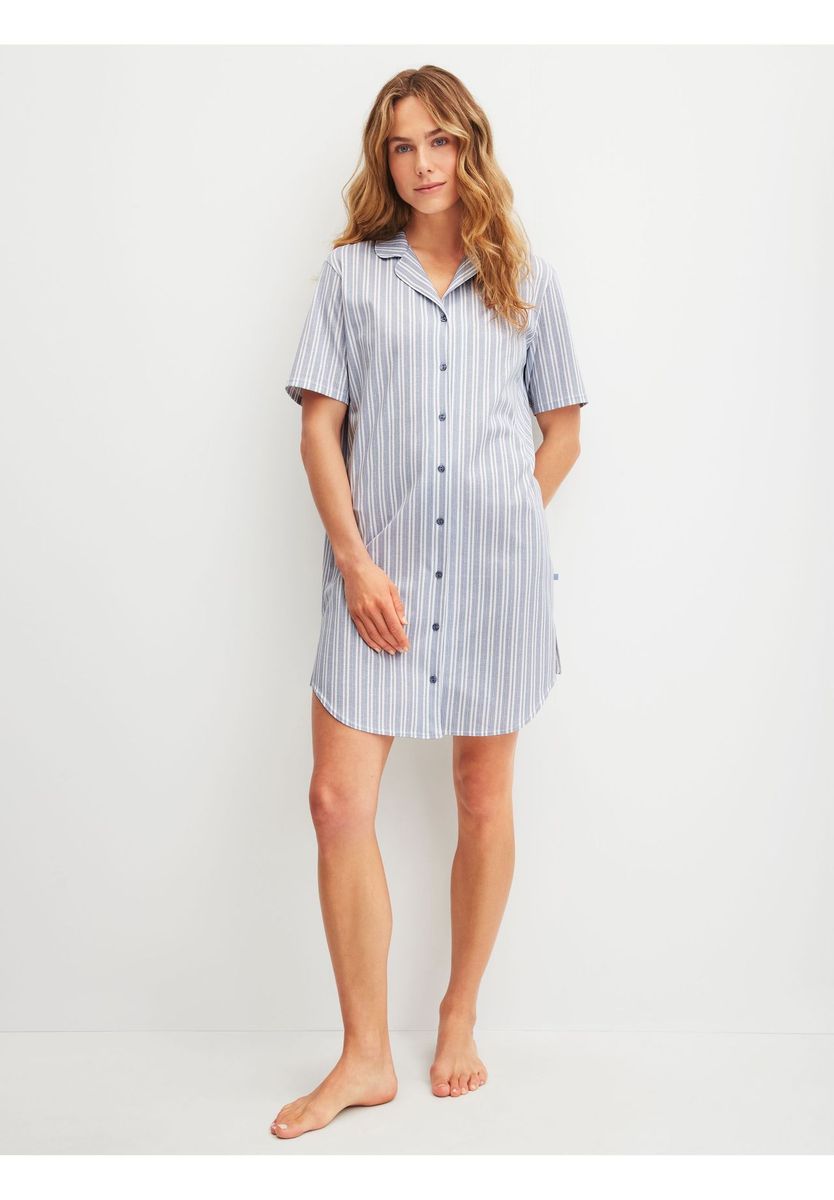 Gestreiftes Kurzarm-Nachthemd mit Knopfleiste