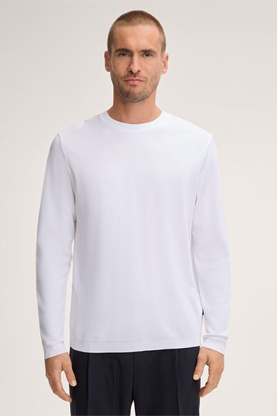 Baumwoll-Langarmshirt Frido in Weiß mit klassischem Rundhalsausschnitt