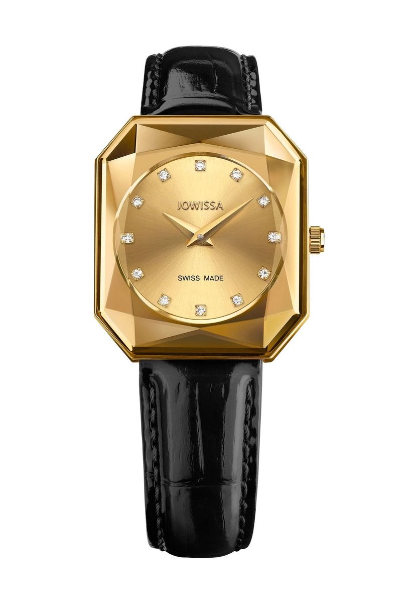 Facettierte, goldfarbene Uhr mit schwarzem Armband