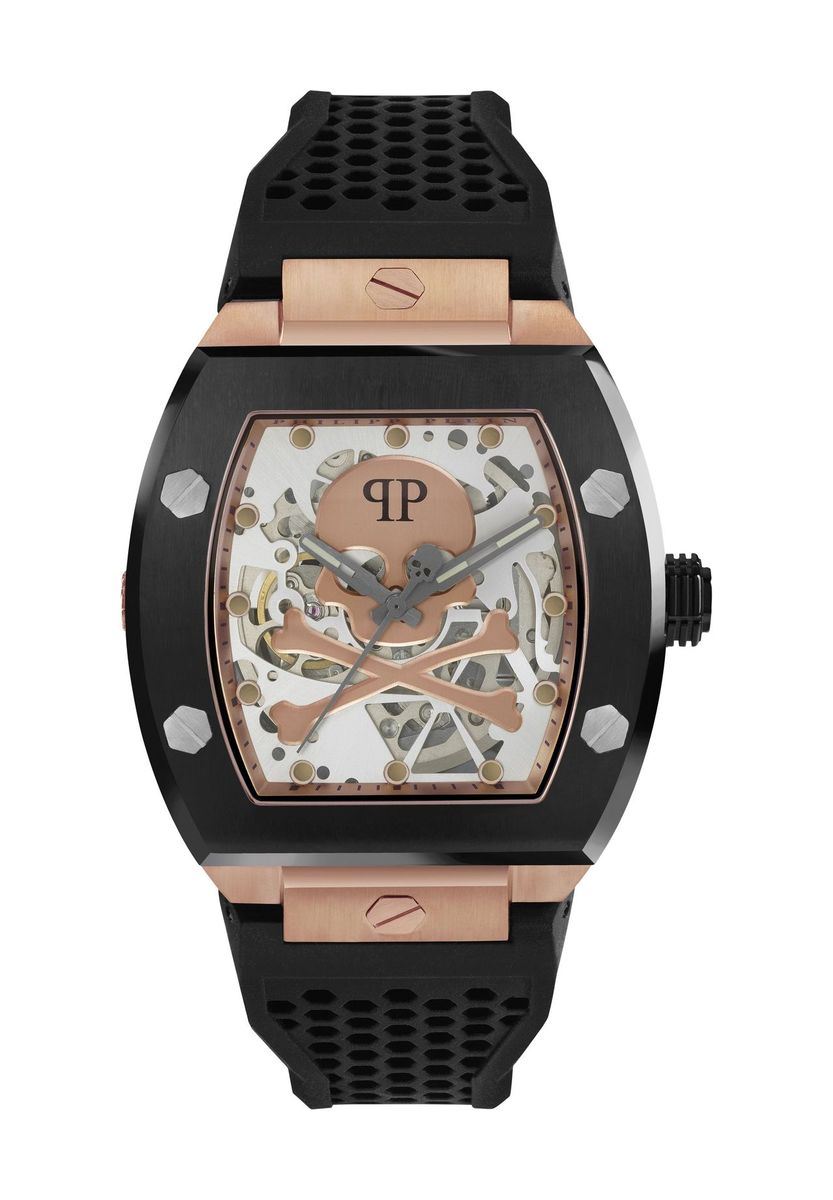 Schwarze Automatikuhr mit Skelettzifferblatt