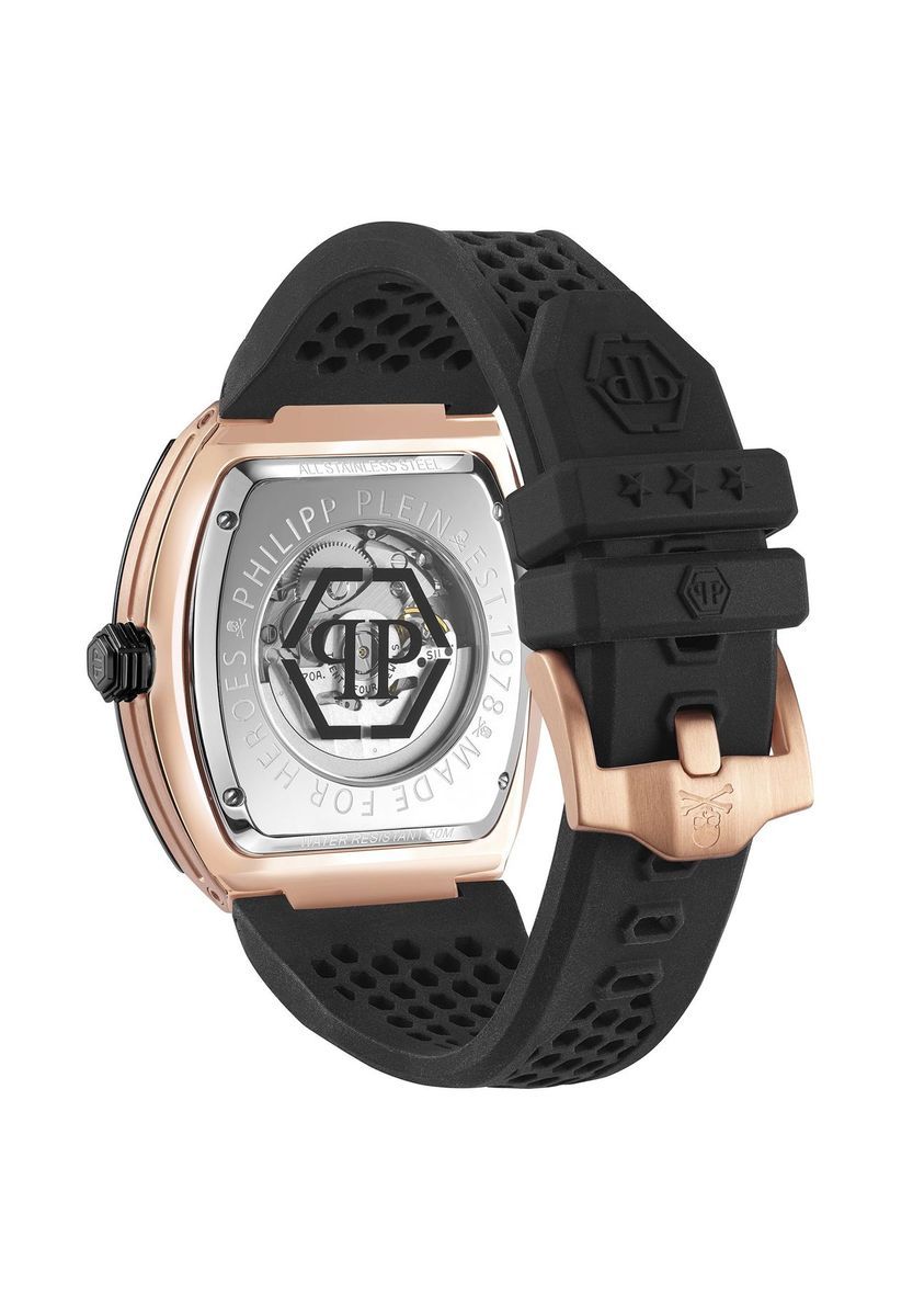 Schwarze Automatikuhr mit Skelettzifferblatt