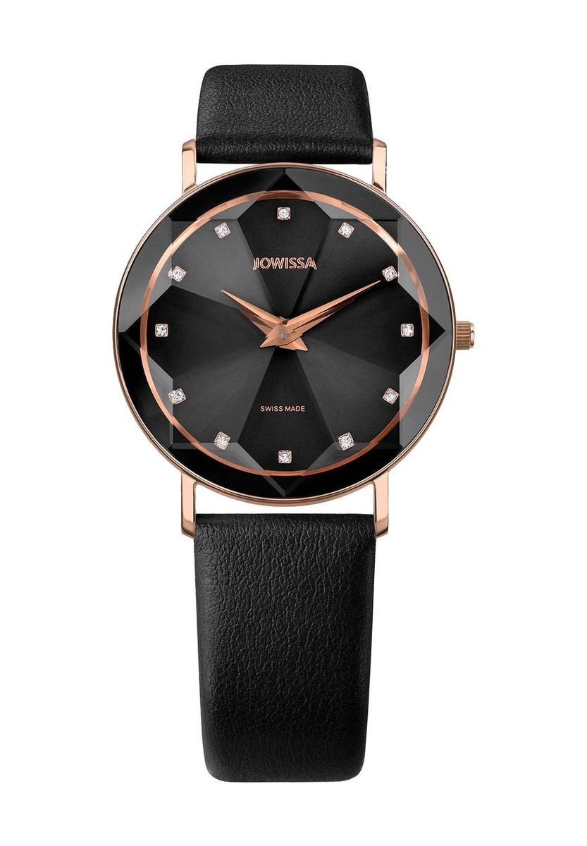 Elegante Facet Damenuhr mit schwarzem Leder