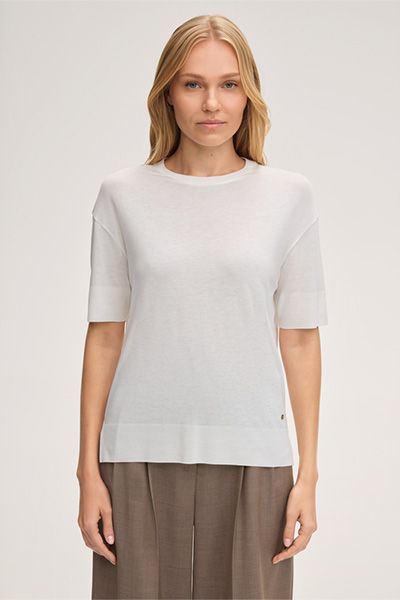 Marc Cain Ecru Lyocell-Baumwoll-Mischung T-Shirt Rundhalsausschnitt Kurzarm